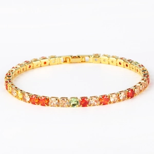 Detailed close-up of a gold hip hop bracelet with vibrant multi-color zircon stones