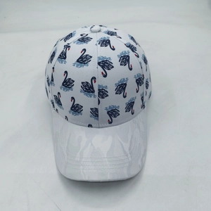 White baseball cap featuring black swan prints and a gray camo brim for stylish sun protection