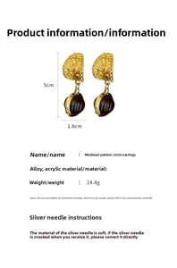 Detailed view of vintage gold-tone earrings with brown acrylic bead charms and dimensions