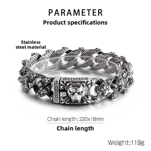 Detail of tiger head buckle on vintage stainless steel chain bracelet with measurements