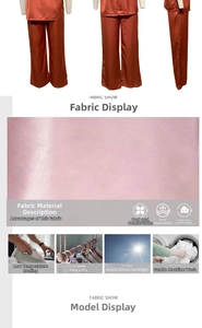 Detail of rust red satin loungewear set showing silky fabric texture and care icons