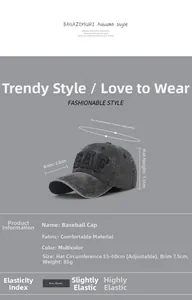Detailed size chart for vintage washed cotton baseball cap with SAF letter embroidery