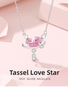 Close-up of S925 silver necklace with pink heart crystal and tassel star pendant