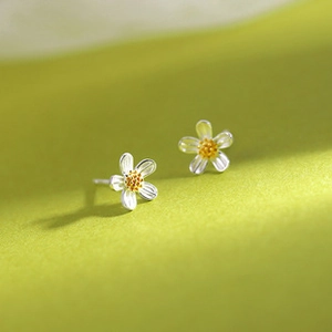 Macro shot of silver daisy stud earrings with yellow centers on a light green background