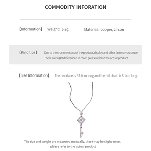 Detail of zircon-encrusted flower key pendant with copper chain material specifications