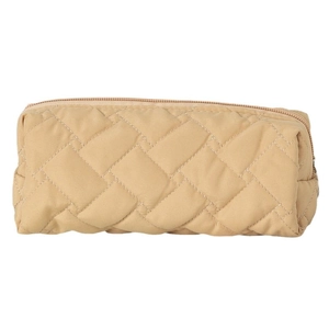 Quilted geometric stationery pouch in khaki with a top zipper closure on white background