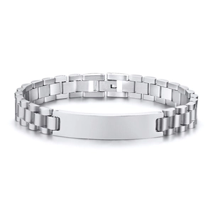 Polished silver stainless steel watch-band style bracelet with engravable metal plate