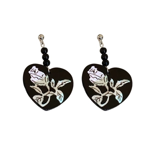 New Chinese style geometric earrings with black heart drop and silver rose motif