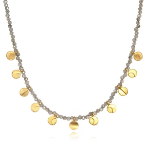 Gray beaded necklace with eleven matte gold disc charms in a double-layered trendy style