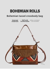 Detail of bohemian fringe crossbody bag with geometric patterns and brown leather texture