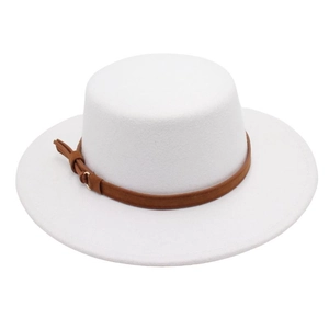 Detail of white felt flat top hat featuring brown suede band and metal buckle