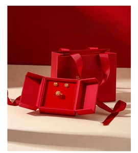 Close-up of red jewelry gift set including luxury box and matching Best Wishes paper bag