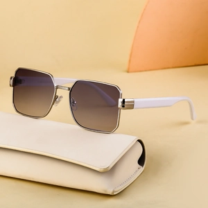 Mens square metal frame sunglasses with gradient lenses and white temples plus leather case