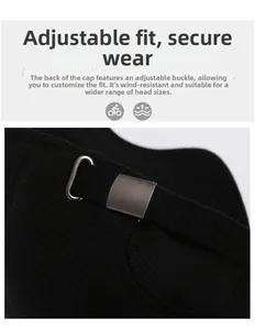 Detail of adjustable metal buckle on winter baseball cap with textured twill fabric