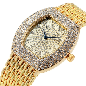 Luxurious tonneau gold quartz watch for women with full diamond encrusted bezel
