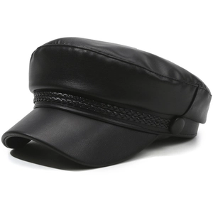 Chic black leather newsboy cap with braided trim and flat top for stylish women