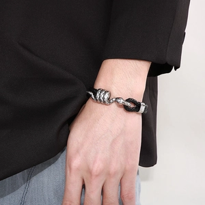 Men's double-layered leather zodiac snake bracelet with stainless steel woven cord