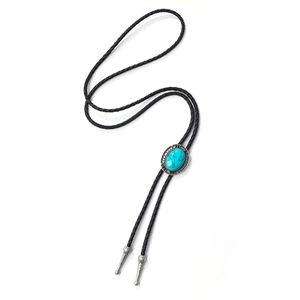 Western turquoise bolo tie with silver metal oval clasp and black braided leather cord