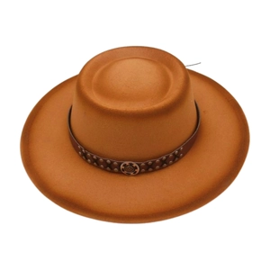 Close-up of brown wool fedora hat with studded leather band and metal buckle detailing
