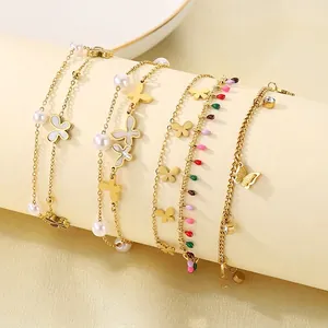 Stainless Steel Double Layered Butterfly Anklet With Faux Artificial Pearl And Cubic Zirconia Summer Beach Foot Jewelry For Women