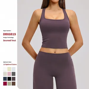 Women Slim Racerback Sports Vest Square Neck High Stretch Brushed Nylon Spandex Yoga Tank Top For Fitness Gym Running