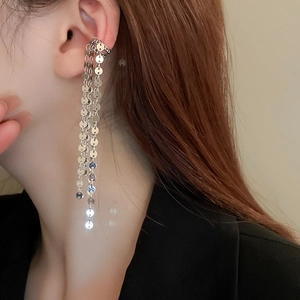 Silver metallic sequin tassel ear cuff clip earrings with polished long chain fringe