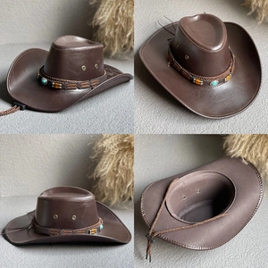 Dark brown faux leather western cowboy hat with ethnic beaded band and wide brim