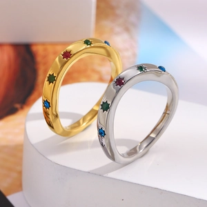 Women Fashion Wave Ring Stainless Steel 18K Gold Plated Colorful Zircon Eight Pointed Star Niche Design Luxury Elegant