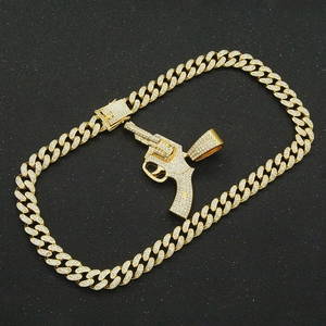 Hip hop gold plated Cuban chain with iced out gun pendant for men street jewelry style