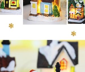 Detailed close-up of LED glowing miniature Christmas house models with snowy resin texture