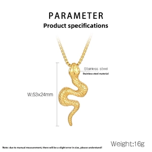 Detailed size parameters of 3D gold snake pendant showing 53x24mm scale and 16g weight