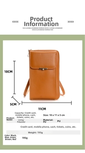 Vertical multi-functional orange PU leather crossbody cell phone bag with zipper and strap