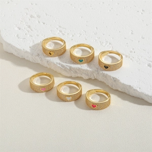 Set of six 14K gold-plated heart rings with colorful enamel and pavé-set zircons