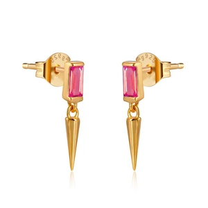 Macro detail of Ag925 gold-plated earrings with pink zircon and cone-shaped pendant