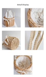 Détails du sac seau en paille tissée avec poignée en perles et doublure en dentelle