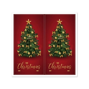 Close-up of Merry Christmas stickers with gold tree on elegant red background