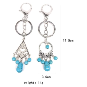 Detail view of bohemian turquoise bead keychains with size 11.5cm and weight 14g marked