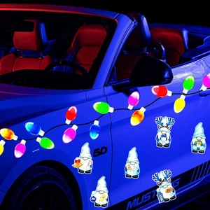 Magnetic Christmas gnome and bulb decals shown on a blue car door for holiday decor