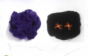 Detail of purple and black Halloween spider web cotton with plastic spider props