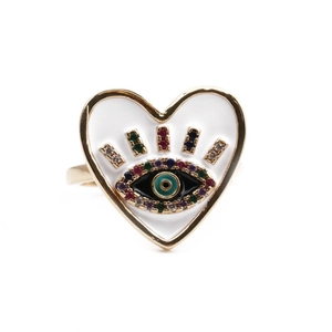 Golden heart ring with evil eye motif, white enamel and colorful cubic zirconia inlay
