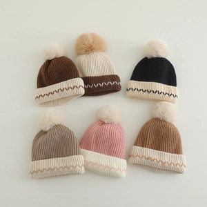 Kinder Strickmütze Acryl Warm Winter Pompon Rippenmuster Kontrastwellenmuster Für Kleinkinder Kinder