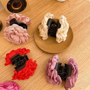 French vintage rose flower hair claw clips set in multi-color chiffon fabric and black acrylic
