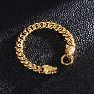 Polished gold wolf head cuban link bracelet for men in hip hop rock style on leather