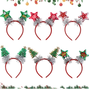 Set of 6 assorted Christmas headbands with stars and trees for festive holiday party decor