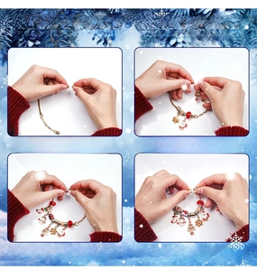 Step-by-step assembly guide for DIY Christmas charm bracelet with gold beads and pendants