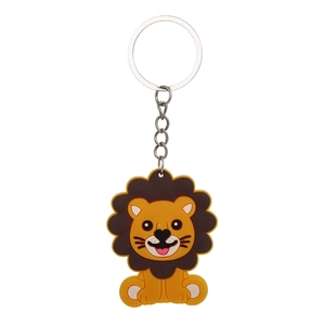 Detailed close-up of a cute orange PVC lion keychain charm with a silver metal ring