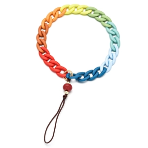 Detail of colorful rainbow resin chain strap for phone cases with gold metal rings