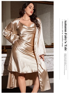 Luxurious champagne satin nightgown and robe set shown in elegant indoor setting