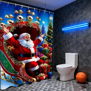 Tenda da doccia natalizia con Babbo Natale, slitta e renna in rosso e blu festivo