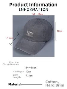 Tabla de tallas detallada para gorra de algodón con medidas de visera y profundidad